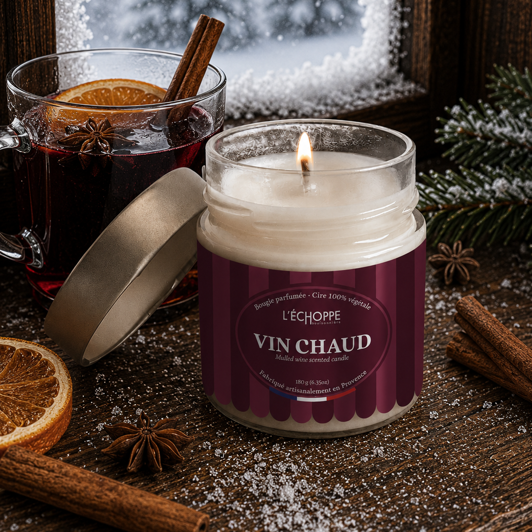 Duftkerze „Glühwein“ Winter-Edition von L’Échoppe Buissonnière im Glas mit Metalldeckel