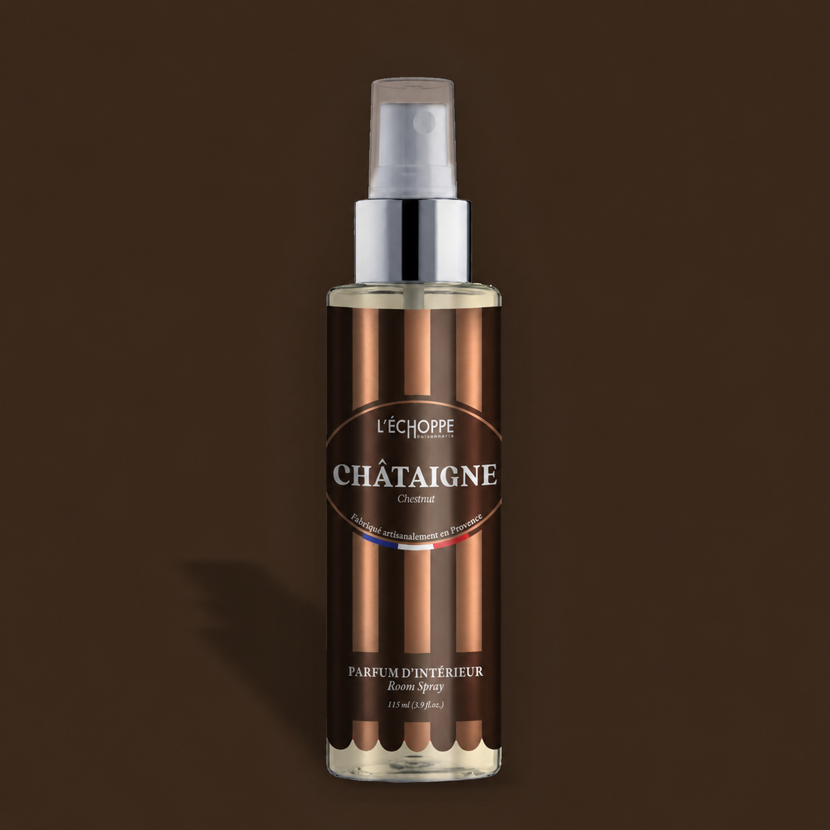 Raumspray „Kastanie“ von L’Échoppe Buissonnière, 115 ml, Glasflasche mit Sprühkopf