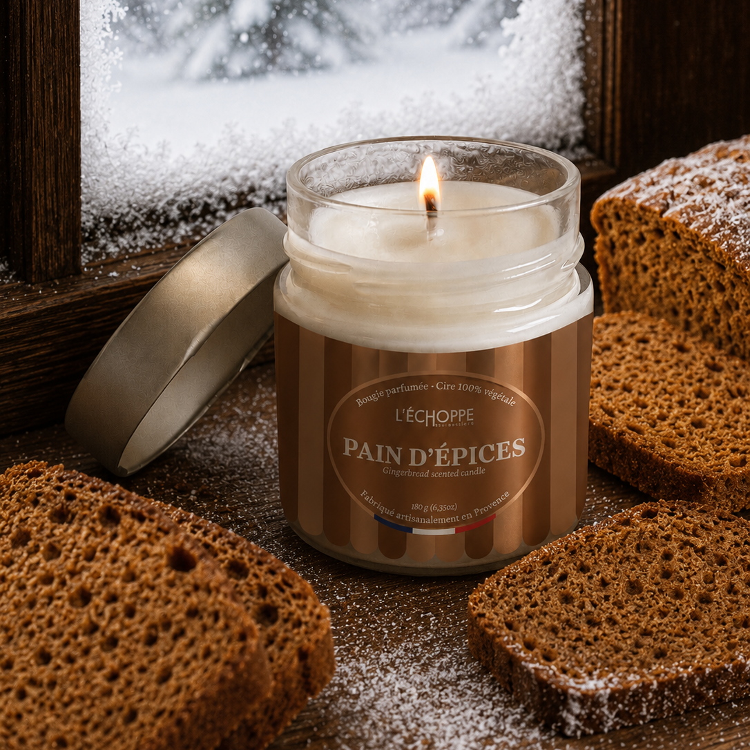 Duftkerze „Lebkuchen“ Winter-Edition von L’Échoppe Buissonnière im Glas mit Metalldeckel